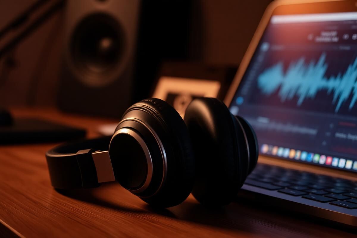 Studio headphones next to a laptop showing an audio waveform