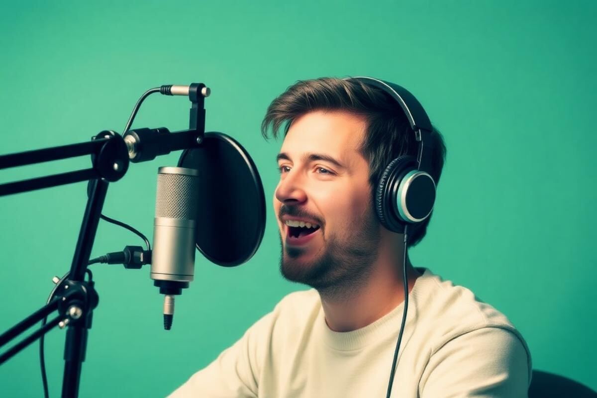 Podcast host wearing headphones recording an episode