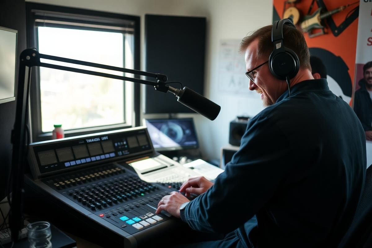 Audio engineer working at a mixing console in an independent radio station