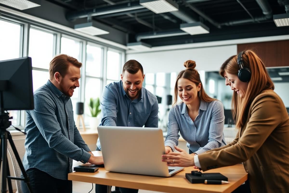 Media production team reviewing a project together in a bright studio office